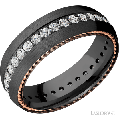 7 mm wide/Domed/Zirconium band with  two 1 mm Sidebraid inlays of 14K Rose Gold and featuring an Eternity arrangement of .03 carat Round Lab Grown Diamond stones in a Bead setting