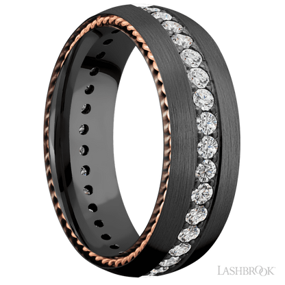 7 mm wide/Domed/Zirconium band with  two 1 mm Sidebraid inlays of 14K Rose Gold and featuring an Eternity arrangement of .03 carat Round Lab Grown Diamond stones in a Bead setting