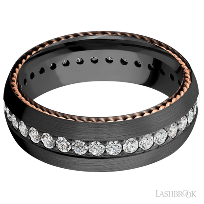 7 mm wide/Domed/Zirconium band with  two 1 mm Sidebraid inlays of 14K Rose Gold and featuring an Eternity arrangement of .03 carat Round Lab Grown Diamond stones in a Bead setting