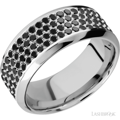 9 mm wide/High Bevel/14K White Gold band with a 4 Row Half Eternity arrangement of .015 carat Round Black Diamond stones in a Bead Channel setting.