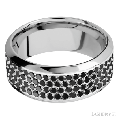 9 mm wide/High Bevel/14K White Gold band with a 4 Row Half Eternity arrangement of .015 carat Round Black Diamond stones in a Bead Channel setting.