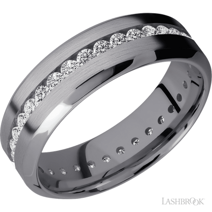 7 mm wide/High Bevel/Tantalum band with an Eternity arrangement of .03 carat Round Lab Grown Diamond stones in a Channel setting.
