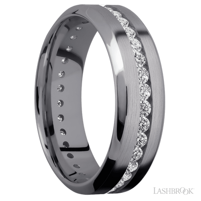 7 mm wide/High Bevel/Tantalum band with an Eternity arrangement of .03 carat Round Lab Grown Diamond stones in a Channel setting.