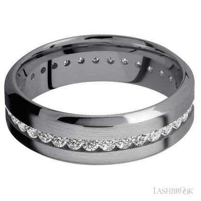 7 mm wide/High Bevel/Tantalum band with an Eternity arrangement of .03 carat Round Lab Grown Diamond stones in a Channel setting.