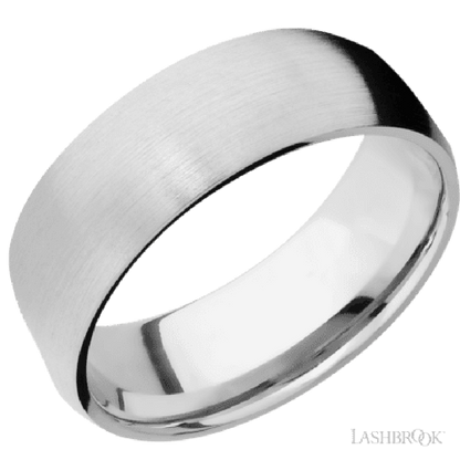 8 mm wide/Domed/14K White Gold band with  two 1 mm Sidebraid inlays of 14K White Gold and featuring a 3 Row Eternity arrangement of .015 carat Round Diamond stones in a Bead Channel setting