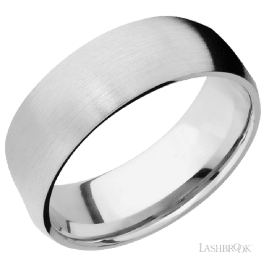 8 mm wide/Domed/14K White Gold band with  two 1 mm Sidebraid inlays of 14K White Gold and featuring a 3 Row Eternity arrangement of .015 carat Round Diamond stones in a Bead Channel setting