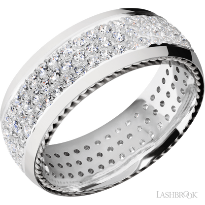 8 mm wide/Domed/14K White Gold band with  two 1 mm Sidebraid inlays of 14K White Gold and featuring a 3 Row Eternity arrangement of .015 carat Round Diamond stones in a Bead Channel setting