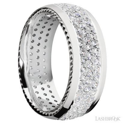 8 mm wide/Domed/14K White Gold band with  two 1 mm Sidebraid inlays of 14K White Gold and featuring a 3 Row Eternity arrangement of .015 carat Round Diamond stones in a Bead Channel setting