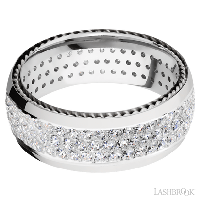 8 mm wide/Domed/14K White Gold band with  two 1 mm Sidebraid inlays of 14K White Gold and featuring a 3 Row Eternity arrangement of .015 carat Round Diamond stones in a Bead Channel setting