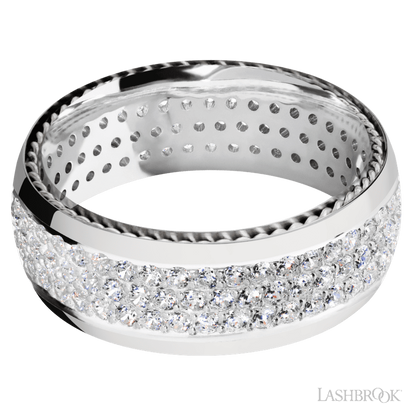 8 mm wide/Domed/14K White Gold band with  two 1 mm Sidebraid inlays of 14K White Gold and featuring a 3 Row Eternity arrangement of .015 carat Round Diamond stones in a Bead Channel setting