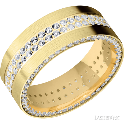 8 mm wide/Flat/14K Yellow Gold band with a Side Eternity arrangement of .01 carat Round Diamond stones in a Bead Channel setting and featuring a a 2 Row Eternity arrangement of .015 carat Round Diamond stones in a Bead Channel setting