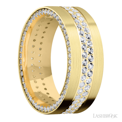 8 mm wide/Flat/14K Yellow Gold band with a Side Eternity arrangement of .01 carat Round Diamond stones in a Bead Channel setting and featuring a a 2 Row Eternity arrangement of .015 carat Round Diamond stones in a Bead Channel setting