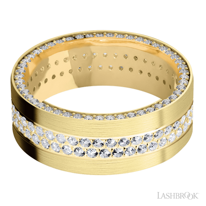 8 mm wide/Flat/14K Yellow Gold band with a Side Eternity arrangement of .01 carat Round Diamond stones in a Bead Channel setting and featuring a a 2 Row Eternity arrangement of .015 carat Round Diamond stones in a Bead Channel setting