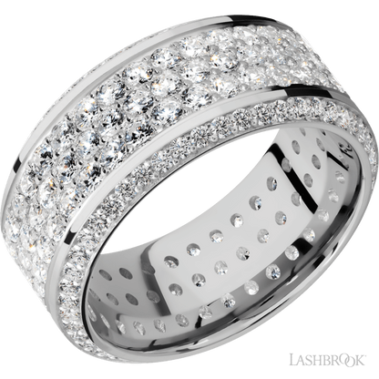 10 mm wide/High Bevel/14K White Gold band with a Bevel Eternity arrangement of .01 carat Round Diamond stones in a Bead setting and featuring a a 3 Row Eternity arrangement of .03 carat Round Diamond stones in a Bead Channel setting