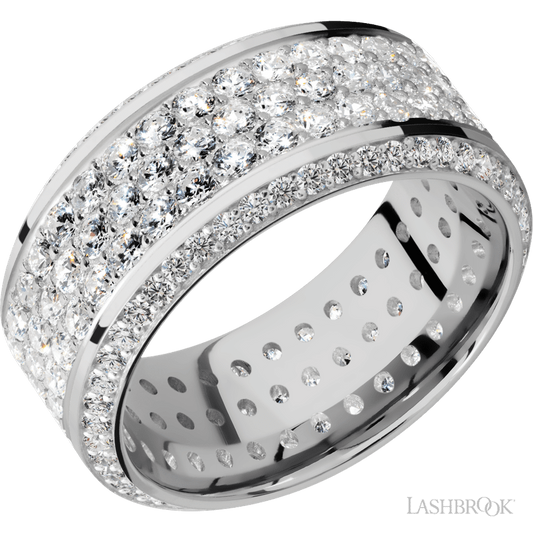 10 mm wide/High Bevel/14K White Gold band with a Bevel Eternity arrangement of .01 carat Round Diamond stones in a Bead setting and featuring a a 3 Row Eternity arrangement of .03 carat Round Diamond stones in a Bead Channel setting