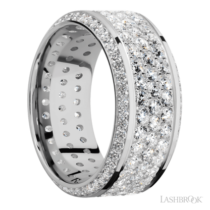 10 mm wide/High Bevel/14K White Gold band with a Bevel Eternity arrangement of .01 carat Round Diamond stones in a Bead setting and featuring a a 3 Row Eternity arrangement of .03 carat Round Diamond stones in a Bead Channel setting