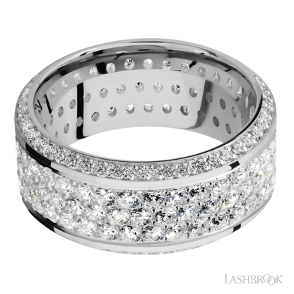 10 mm wide/High Bevel/14K White Gold band with a Bevel Eternity arrangement of .01 carat Round Diamond stones in a Bead setting and featuring a a 3 Row Eternity arrangement of .03 carat Round Diamond stones in a Bead Channel setting