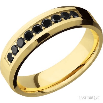 6 mm wide/Beveled/14K Yellow Gold band with an  arrangement of 9, .05 carat Round Black Diamond stones in a Bead Channel setting.
