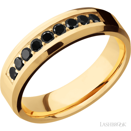 6 mm wide/Beveled/14K Yellow Gold band with an  arrangement of 9, .05 carat Round Black Diamond stones in a Bead Channel setting.