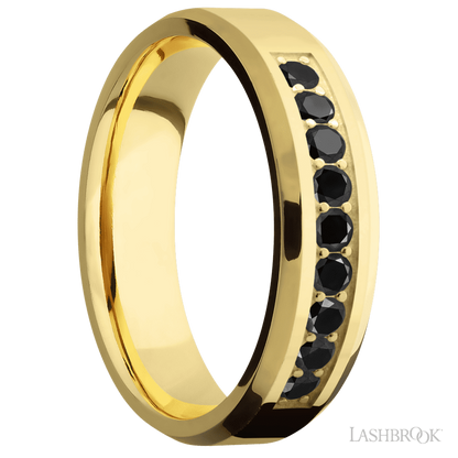 6 mm wide/Beveled/14K Yellow Gold band with an  arrangement of 9, .05 carat Round Black Diamond stones in a Bead Channel setting.