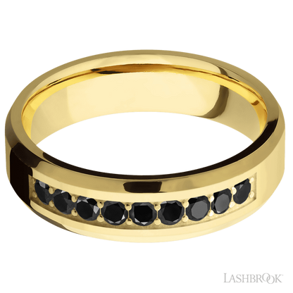 6 mm wide/Beveled/14K Yellow Gold band with an  arrangement of 9, .05 carat Round Black Diamond stones in a Bead Channel setting.