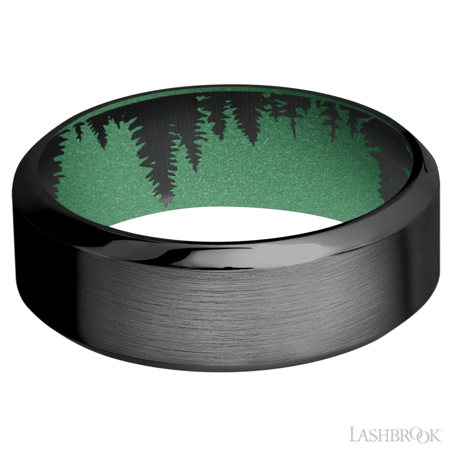 8 mm wide High Bevel Zirconium band featuring a Squatch sleeve.