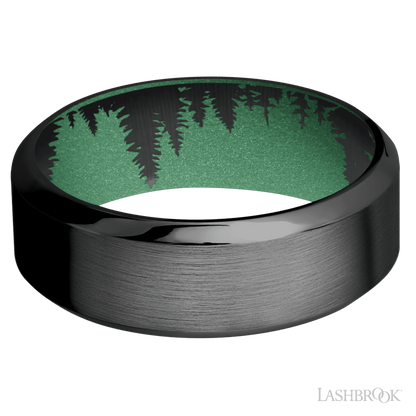8 mm wide High Bevel Zirconium band featuring a Squatch sleeve.