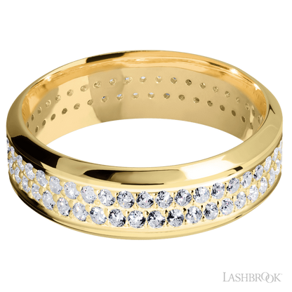 7 mm wide/High Bevel/14K Yellow Gold band with a 2 Row Eternity arrangement of .015 carat Round Diamond stones in a Bead Channel setting.