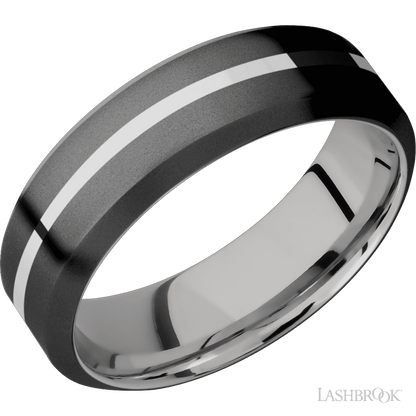 7 mm wide/High Bevel/Zirconium band with one 1 mm Centered inlay of Palladium Silver also featuring a Palladium Silver sleeve.
