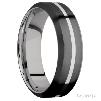 7 mm wide/High Bevel/Zirconium band with one 1 mm Centered inlay of Palladium Silver also featuring a Palladium Silver sleeve.
