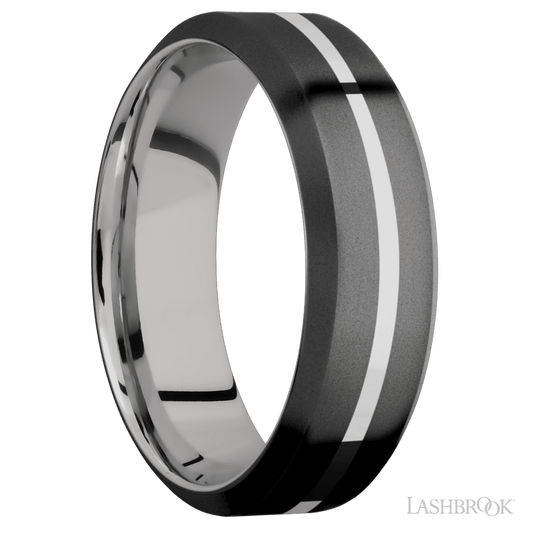 7 mm wide/High Bevel/Zirconium band with one 1 mm Centered inlay of Palladium Silver also featuring a Palladium Silver sleeve.