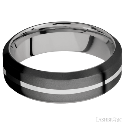 7 mm wide/High Bevel/Zirconium band with one 1 mm Centered inlay of Palladium Silver also featuring a Palladium Silver sleeve.