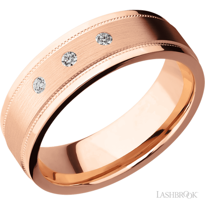 7 mm wide/Flat Stepped Edges Milgrain/14K Rose Gold band with an  arrangement of 3, .03 carat Round Diamond stones in a Flush setting.