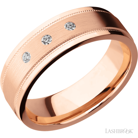 7 mm wide/Flat Stepped Edges Milgrain/14K Rose Gold band with an  arrangement of 3, .03 carat Round Diamond stones in a Flush setting.