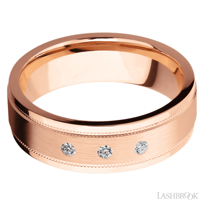 7 mm wide/Flat Stepped Edges Milgrain/14K Rose Gold band with an  arrangement of 3, .03 carat Round Diamond stones in a Flush setting.
