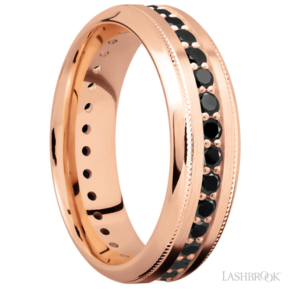 7 mm wide/High Bevel Milgrain/14K Rose Gold band with an Eternity arrangement of .03 carat Round Black Diamond stones in a Bead Channel setting.