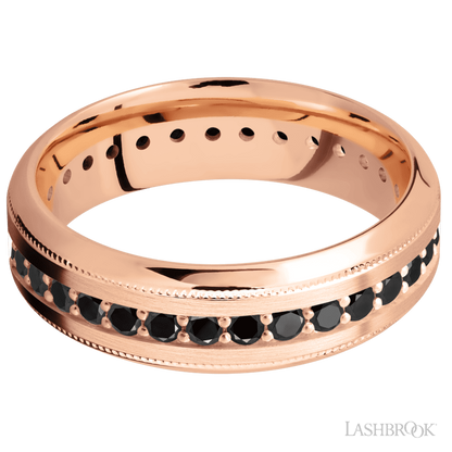 7 mm wide/High Bevel Milgrain/14K Rose Gold band with an Eternity arrangement of .03 carat Round Black Diamond stones in a Bead Channel setting.