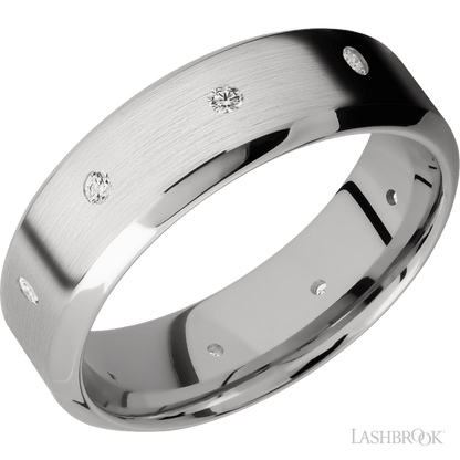 7 mm wide/High Bevel/14K White Gold band with a 9X Even arrangement of .03 carat Round Diamond stones in a Flush setting.