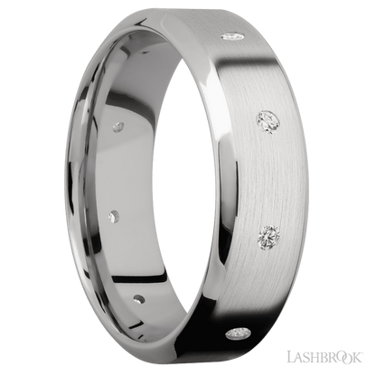 7 mm wide/High Bevel/14K White Gold band with a 9X Even arrangement of .03 carat Round Diamond stones in a Flush setting.
