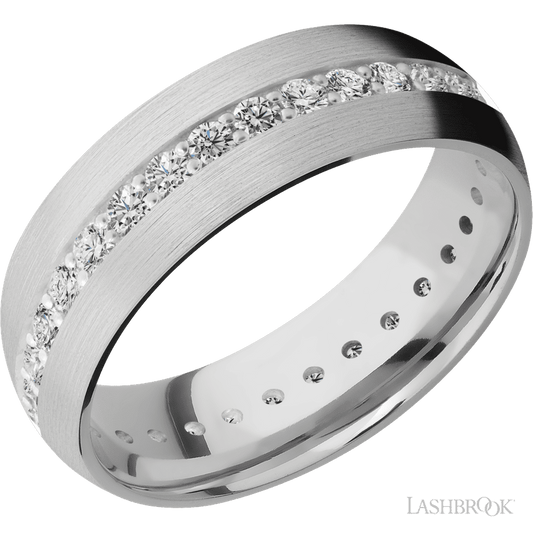 7 mm wide/Domed/14K White Gold band with an Eternity arrangement of .03 carat Round Diamond stones in a Bead Channel setting.