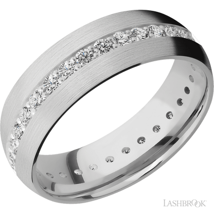 7 mm wide/Domed/14K White Gold band with an Eternity arrangement of .03 carat Round Diamond stones in a Bead Channel setting.