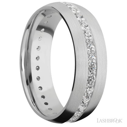 7 mm wide/Domed/14K White Gold band with an Eternity arrangement of .03 carat Round Diamond stones in a Bead Channel setting.