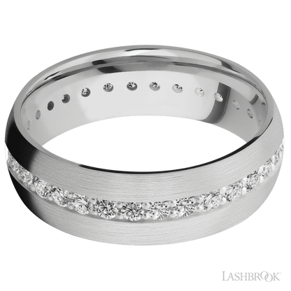 7 mm wide/Domed/14K White Gold band with an Eternity arrangement of .03 carat Round Diamond stones in a Bead Channel setting.