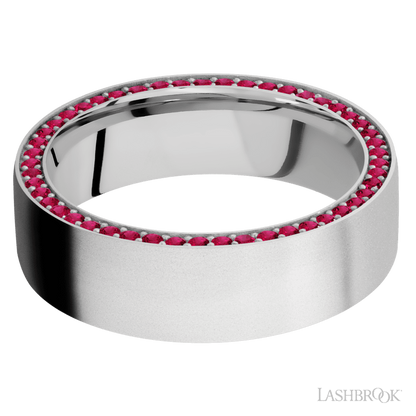 7 mm wide/Flat/14K White Gold band with a Side Eternity arrangement of .01 carat Round Ruby stones in a Bead Channel setting.