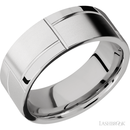 8 mm wide/Flat/14K White Gold band with a machined 3GOCHR pattern.