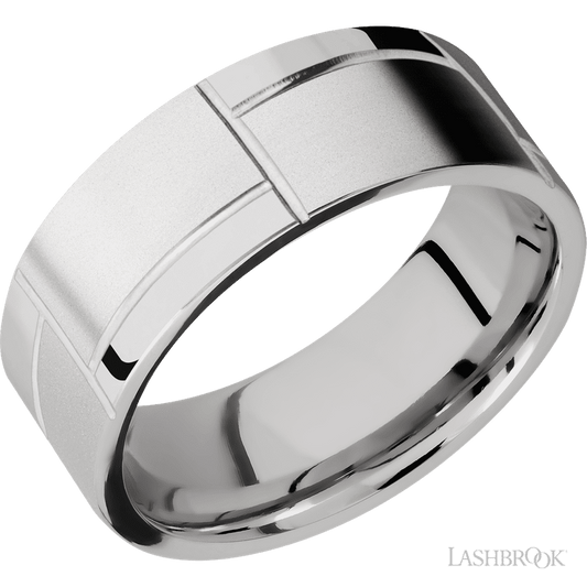8 mm wide/Flat/14K White Gold band with a machined 3GOCHR pattern.