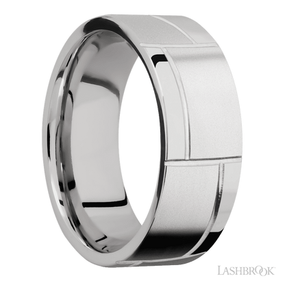 8 mm wide/Flat/14K White Gold band with a machined 3GOCHR pattern.