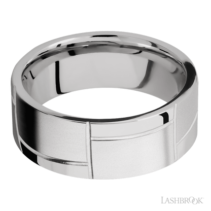 8 mm wide/Flat/14K White Gold band with a machined 3GOCHR pattern.