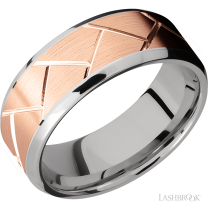 8 mm wide/Beveled/14K White Gold band with one 6 mm Centered inlay of 14K Rose Gold with a machined Flatweave pattern.