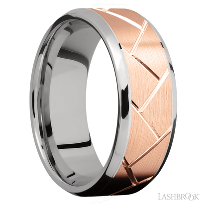 8 mm wide/Beveled/14K White Gold band with one 6 mm Centered inlay of 14K Rose Gold with a machined Flatweave pattern.